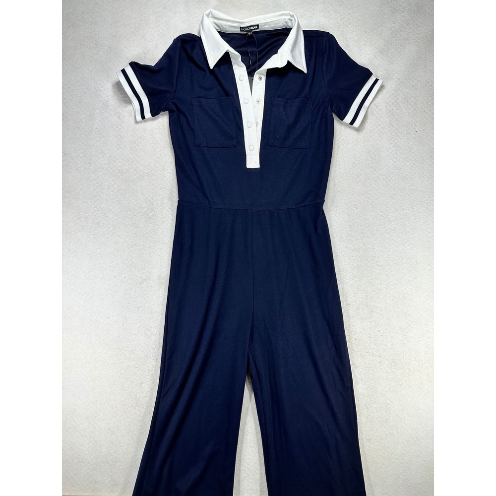 Fashion Nova Womens Navy Blue White Polo Collar Wide Leg Jumpsuit Large NWT